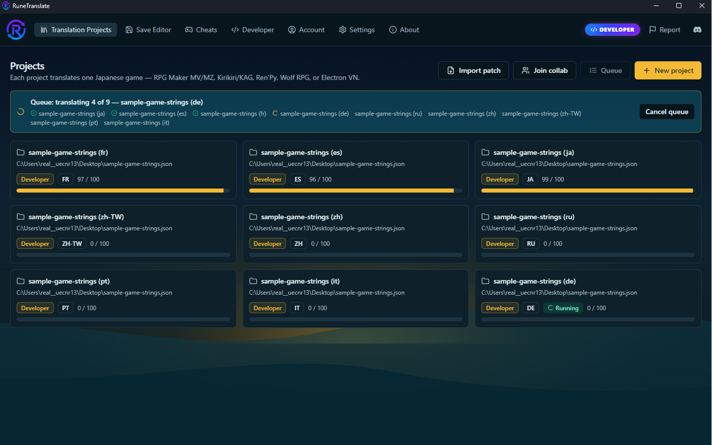 The RuneTranslate Developer tab creating and auto-translating one project per language from a single imported strings file.